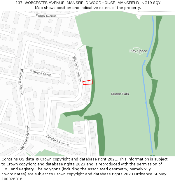 137, WORCESTER AVENUE, MANSFIELD WOODHOUSE, MANSFIELD, NG19 8QY: Location map and indicative extent of plot