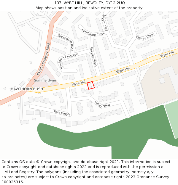 137, WYRE HILL, BEWDLEY, DY12 2UQ: Location map and indicative extent of plot