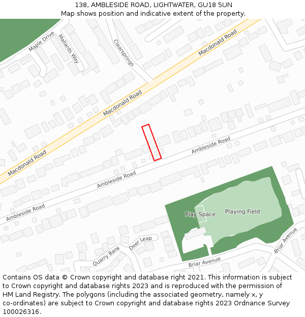 138, AMBLESIDE ROAD, LIGHTWATER, GU18 5UN: Location map and indicative extent of plot