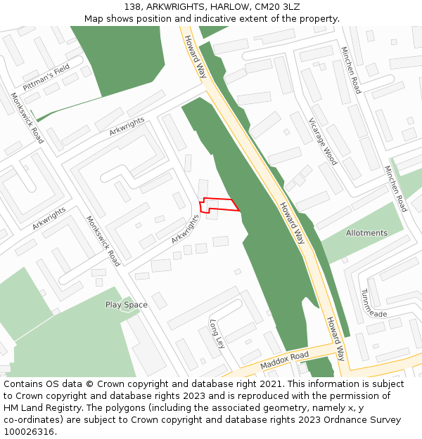 138, ARKWRIGHTS, HARLOW, CM20 3LZ: Location map and indicative extent of plot