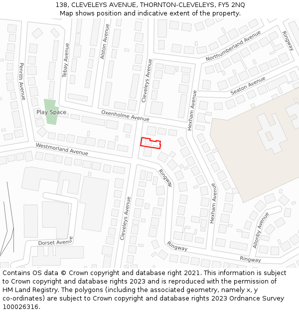 138, CLEVELEYS AVENUE, THORNTON-CLEVELEYS, FY5 2NQ: Location map and indicative extent of plot