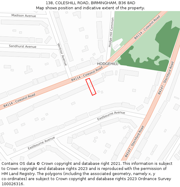 138, COLESHILL ROAD, BIRMINGHAM, B36 8AD: Location map and indicative extent of plot