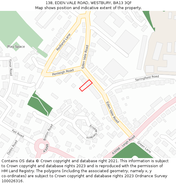 138, EDEN VALE ROAD, WESTBURY, BA13 3QF: Location map and indicative extent of plot