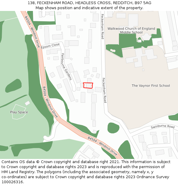 138, FECKENHAM ROAD, HEADLESS CROSS, REDDITCH, B97 5AG: Location map and indicative extent of plot