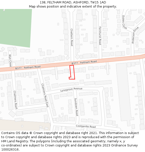 138, FELTHAM ROAD, ASHFORD, TW15 1AD: Location map and indicative extent of plot