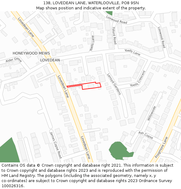 138, LOVEDEAN LANE, WATERLOOVILLE, PO8 9SN: Location map and indicative extent of plot