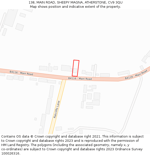 138, MAIN ROAD, SHEEPY MAGNA, ATHERSTONE, CV9 3QU: Location map and indicative extent of plot