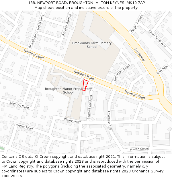 138, NEWPORT ROAD, BROUGHTON, MILTON KEYNES, MK10 7AP: Location map and indicative extent of plot