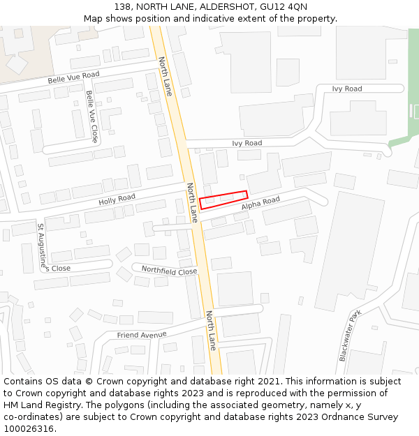 138, NORTH LANE, ALDERSHOT, GU12 4QN: Location map and indicative extent of plot