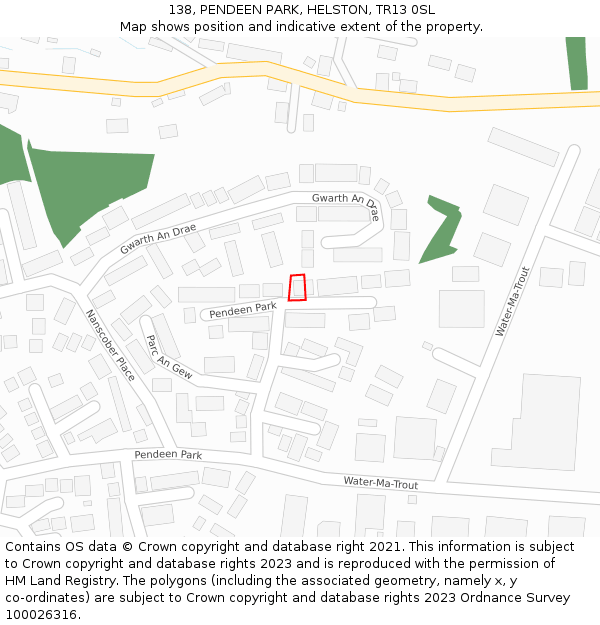 138, PENDEEN PARK, HELSTON, TR13 0SL: Location map and indicative extent of plot