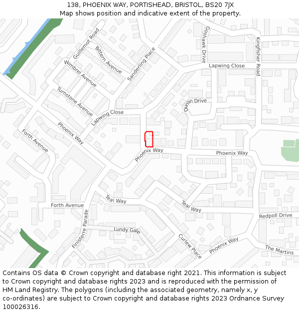 138, PHOENIX WAY, PORTISHEAD, BRISTOL, BS20 7JX: Location map and indicative extent of plot