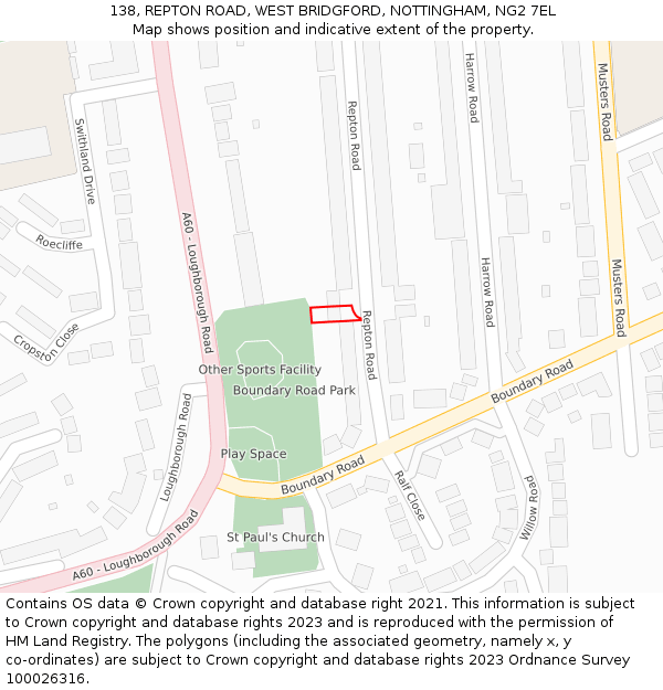 138, REPTON ROAD, WEST BRIDGFORD, NOTTINGHAM, NG2 7EL: Location map and indicative extent of plot