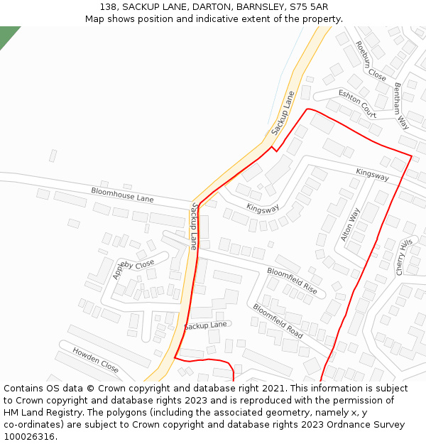 138, SACKUP LANE, DARTON, BARNSLEY, S75 5AR: Location map and indicative extent of plot