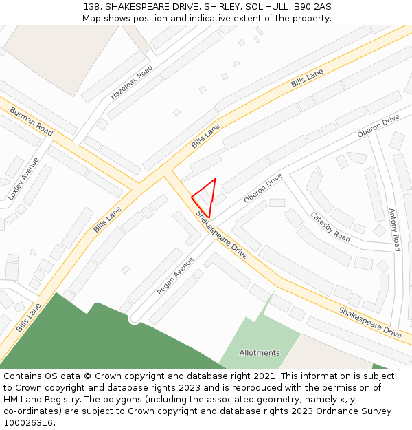 138, SHAKESPEARE DRIVE, SHIRLEY, SOLIHULL, B90 2AS: Location map and indicative extent of plot