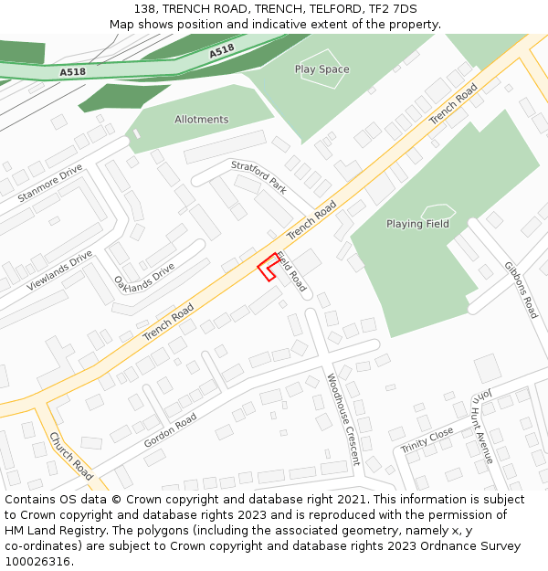 138, TRENCH ROAD, TRENCH, TELFORD, TF2 7DS: Location map and indicative extent of plot