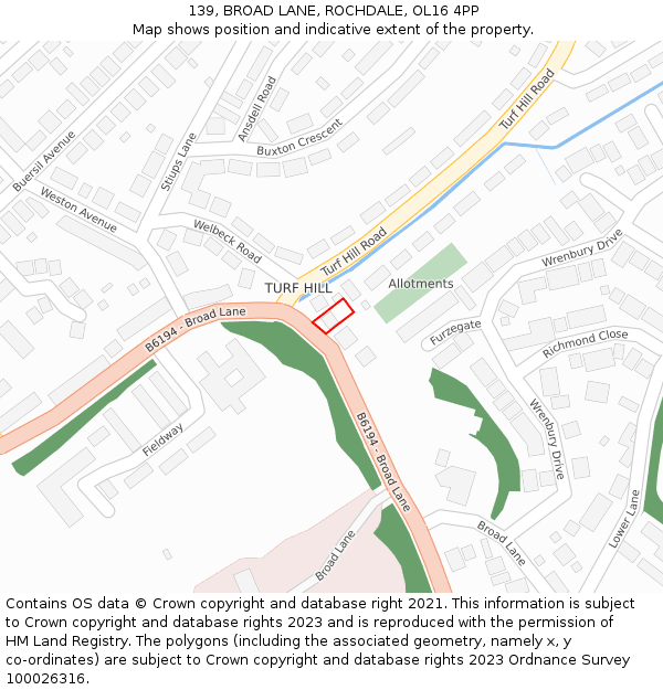 139, BROAD LANE, ROCHDALE, OL16 4PP: Location map and indicative extent of plot