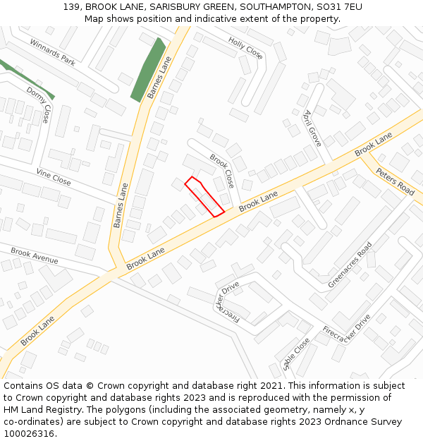 139, BROOK LANE, SARISBURY GREEN, SOUTHAMPTON, SO31 7EU: Location map and indicative extent of plot