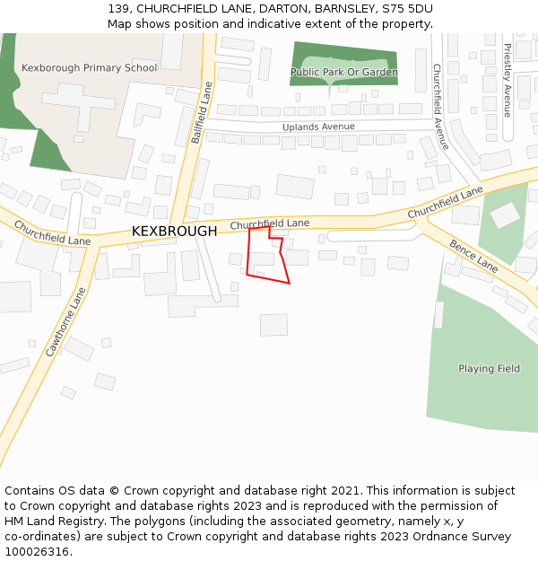 139, CHURCHFIELD LANE, DARTON, BARNSLEY, S75 5DU: Location map and indicative extent of plot