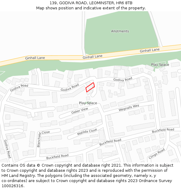 139, GODIVA ROAD, LEOMINSTER, HR6 8TB: Location map and indicative extent of plot
