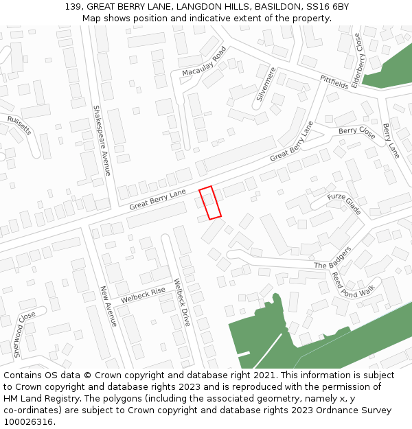 139, GREAT BERRY LANE, LANGDON HILLS, BASILDON, SS16 6BY: Location map and indicative extent of plot