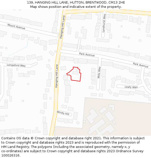 139, HANGING HILL LANE, HUTTON, BRENTWOOD, CM13 2HE: Location map and indicative extent of plot