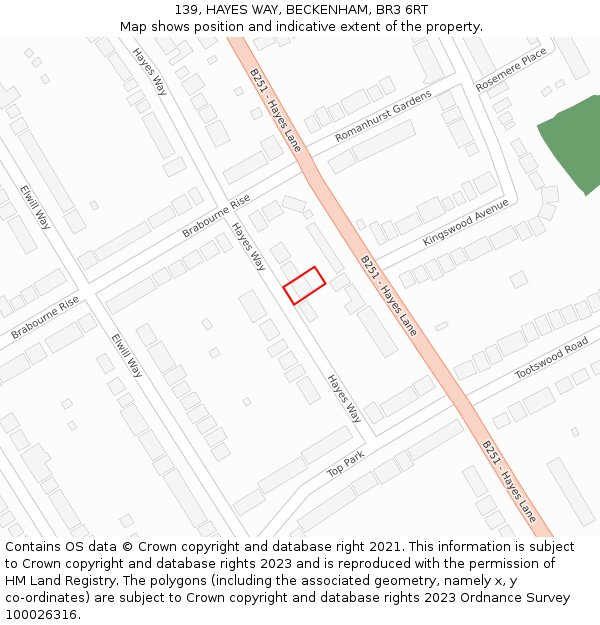 139, HAYES WAY, BECKENHAM, BR3 6RT: Location map and indicative extent of plot