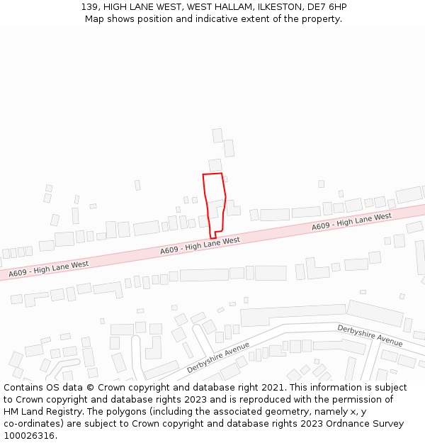 139, HIGH LANE WEST, WEST HALLAM, ILKESTON, DE7 6HP: Location map and indicative extent of plot