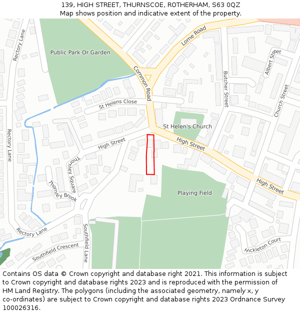 139, HIGH STREET, THURNSCOE, ROTHERHAM, S63 0QZ: Location map and indicative extent of plot