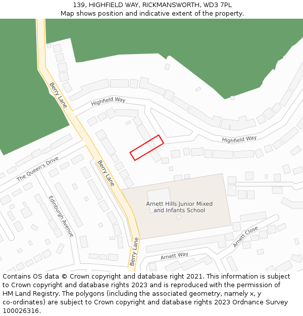 139, HIGHFIELD WAY, RICKMANSWORTH, WD3 7PL: Location map and indicative extent of plot