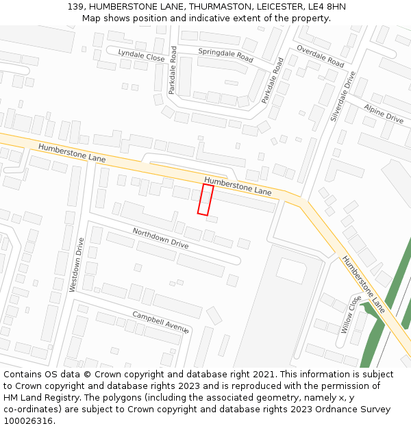 139, HUMBERSTONE LANE, THURMASTON, LEICESTER, LE4 8HN: Location map and indicative extent of plot