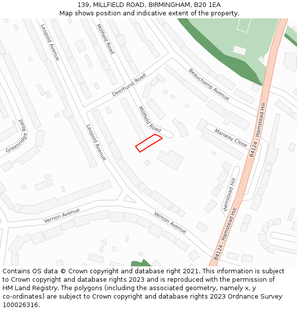 139, MILLFIELD ROAD, BIRMINGHAM, B20 1EA: Location map and indicative extent of plot