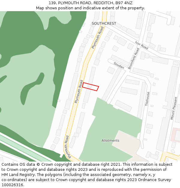 139, PLYMOUTH ROAD, REDDITCH, B97 4NZ: Location map and indicative extent of plot