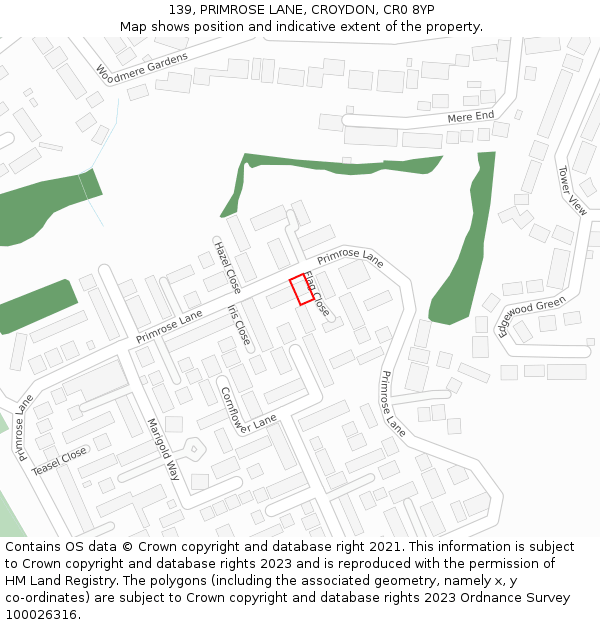 139, PRIMROSE LANE, CROYDON, CR0 8YP: Location map and indicative extent of plot
