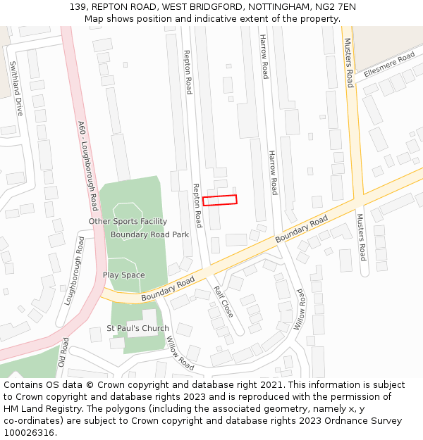 139, REPTON ROAD, WEST BRIDGFORD, NOTTINGHAM, NG2 7EN: Location map and indicative extent of plot