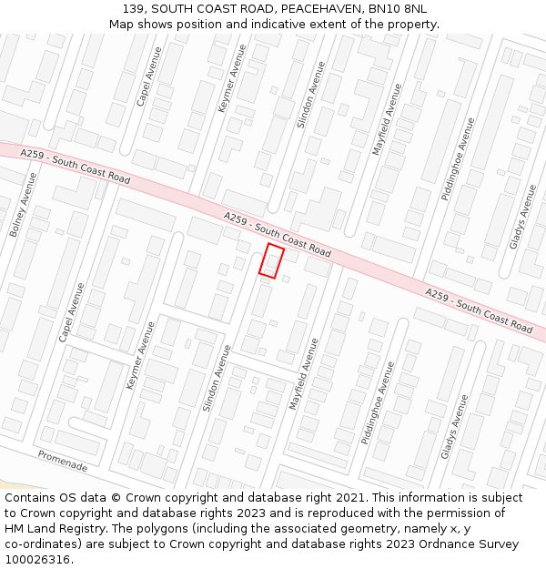 139, SOUTH COAST ROAD, PEACEHAVEN, BN10 8NL: Location map and indicative extent of plot