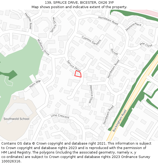 139, SPRUCE DRIVE, BICESTER, OX26 3YF: Location map and indicative extent of plot