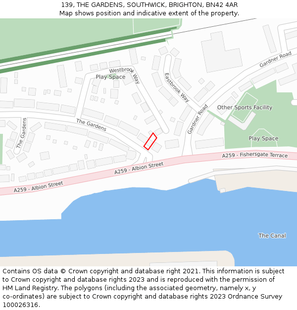 139, THE GARDENS, SOUTHWICK, BRIGHTON, BN42 4AR: Location map and indicative extent of plot