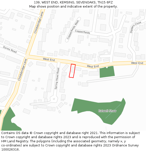 139, WEST END, KEMSING, SEVENOAKS, TN15 6PZ: Location map and indicative extent of plot