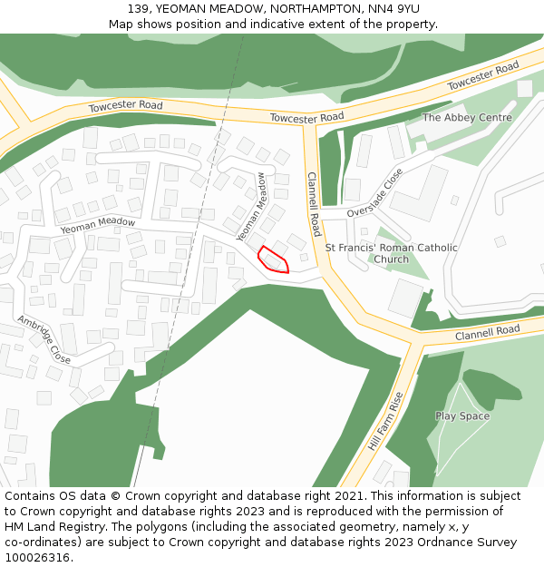 139, YEOMAN MEADOW, NORTHAMPTON, NN4 9YU: Location map and indicative extent of plot