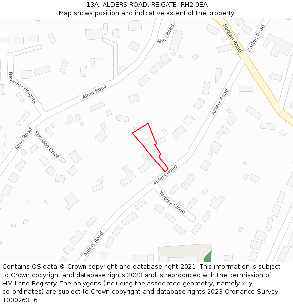 13A, ALDERS ROAD, REIGATE, RH2 0EA: Location map and indicative extent of plot