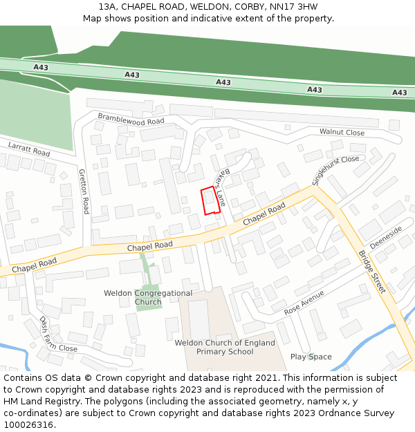 13A, CHAPEL ROAD, WELDON, CORBY, NN17 3HW: Location map and indicative extent of plot