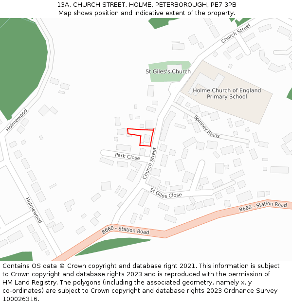 13A, CHURCH STREET, HOLME, PETERBOROUGH, PE7 3PB: Location map and indicative extent of plot