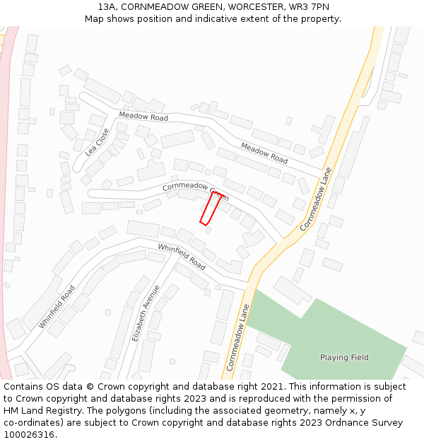 13A, CORNMEADOW GREEN, WORCESTER, WR3 7PN: Location map and indicative extent of plot