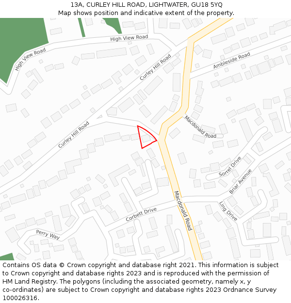 13A, CURLEY HILL ROAD, LIGHTWATER, GU18 5YQ: Location map and indicative extent of plot