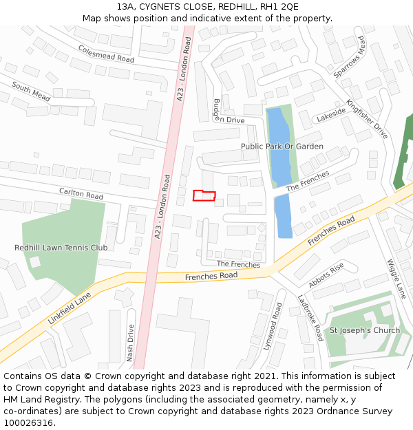 13A, CYGNETS CLOSE, REDHILL, RH1 2QE: Location map and indicative extent of plot