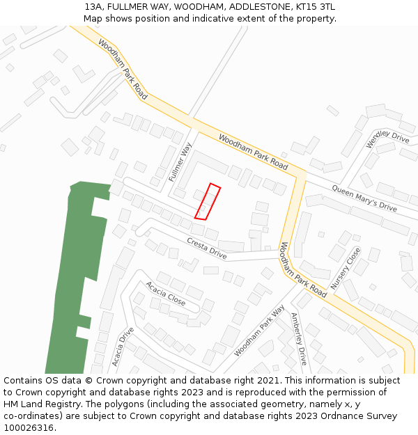 13A, FULLMER WAY, WOODHAM, ADDLESTONE, KT15 3TL: Location map and indicative extent of plot