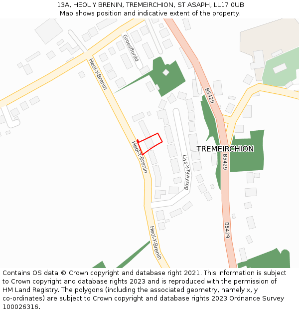 13A, HEOL Y BRENIN, TREMEIRCHION, ST ASAPH, LL17 0UB: Location map and indicative extent of plot