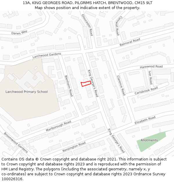 13A, KING GEORGES ROAD, PILGRIMS HATCH, BRENTWOOD, CM15 9LT: Location map and indicative extent of plot