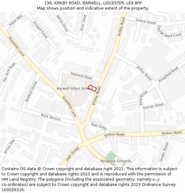 13A, KIRKBY ROAD, BARWELL, LEICESTER, LE9 8FP: Location map and indicative extent of plot