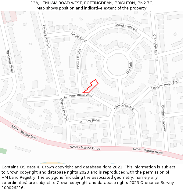 13A, LENHAM ROAD WEST, ROTTINGDEAN, BRIGHTON, BN2 7GJ: Location map and indicative extent of plot